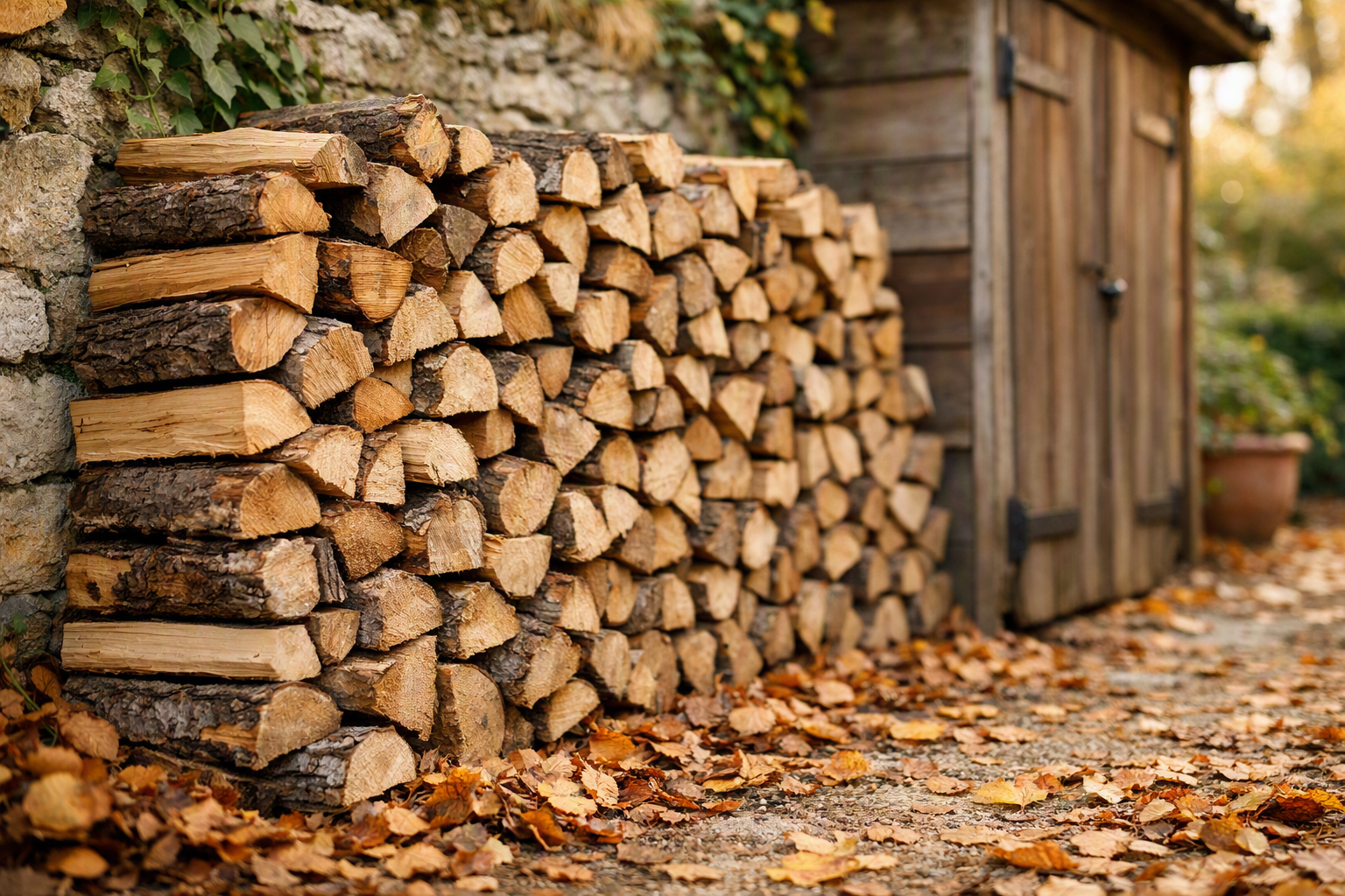 a neat stack of firewood against a garden wall next to a wooden shed, vue de detail