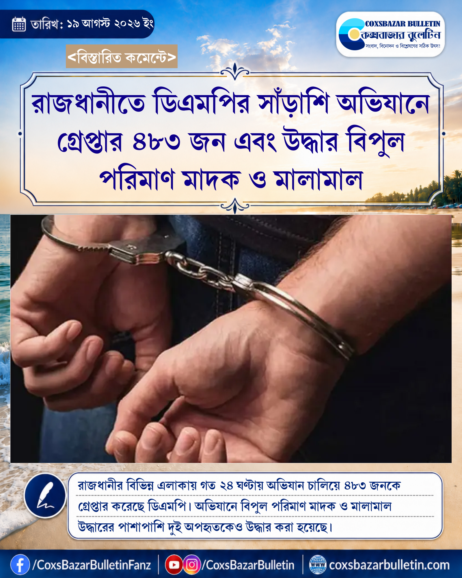 রাজধানীতে ডিএমপির সাঁড়াশি অভিযানে গ্রেপ্তার ৪৮৩ জন এবং উদ্ধার বিপুল পরিমাণ মাদক ও মালামাল