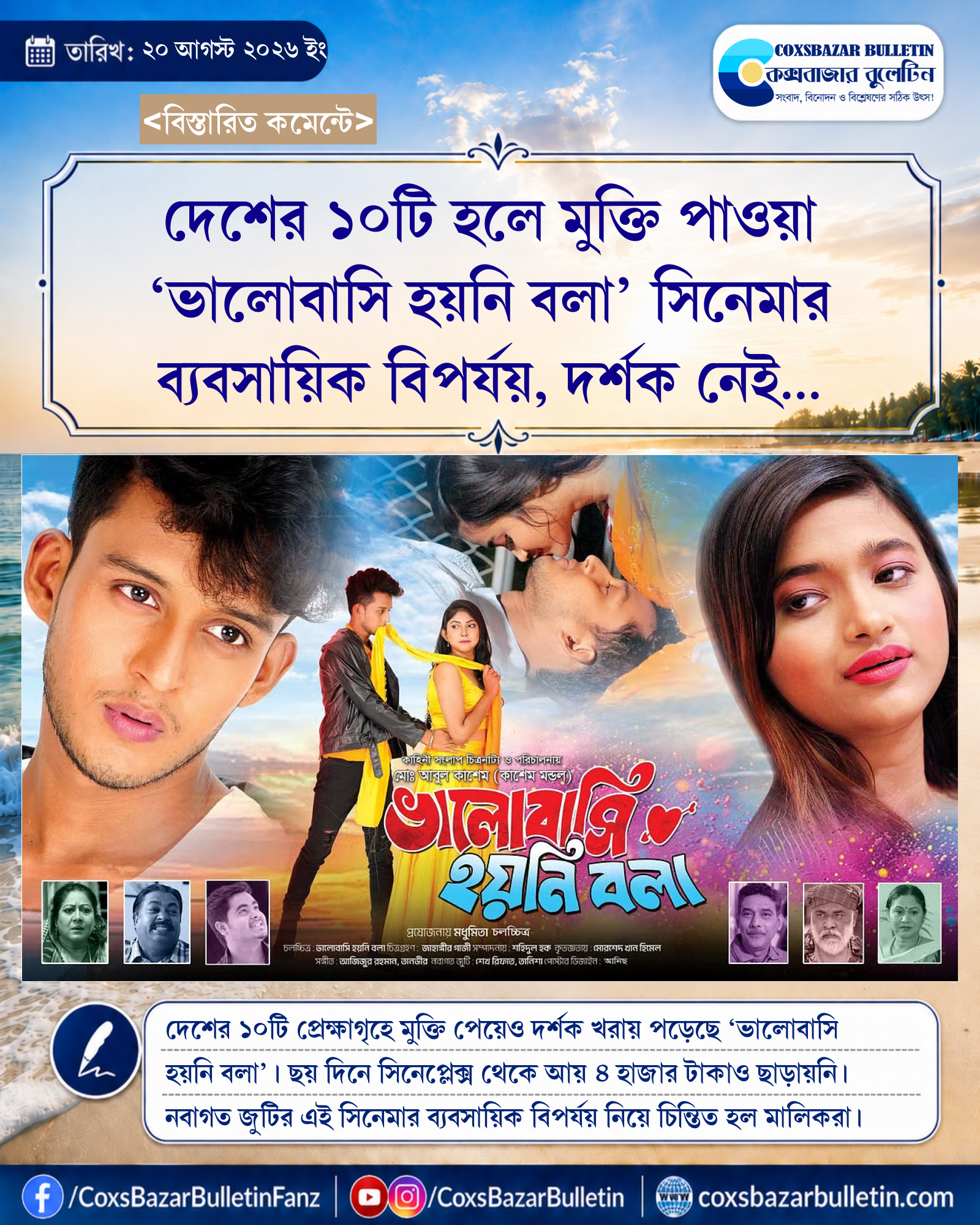 দেশের ১০টি হলে মুক্তি পাওয়া ‘ভালোবাসি হয়নি বলা’ সিনেমার ব্যবসায়িক বিপর্যয়, দর্শক নেই সিনেপ্লেক্সেও