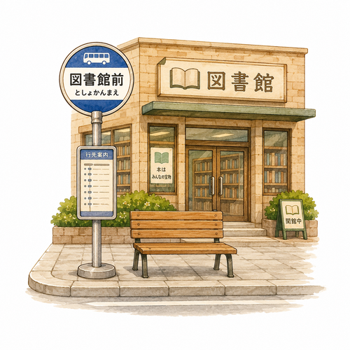 34. 図書館前（としょかんまえ）— halte bus di depan perpustakaan, nama halte fiksi.png