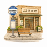 34. 図書館前（としょかんまえ）— halte bus di depan perpustakaan, nama halte fiksi