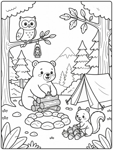 Coloriage Animaux Ours Hibou Et Écureuil Au Camping.jpg