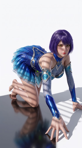 Woman in blue outfit barefoot 202607121505.1