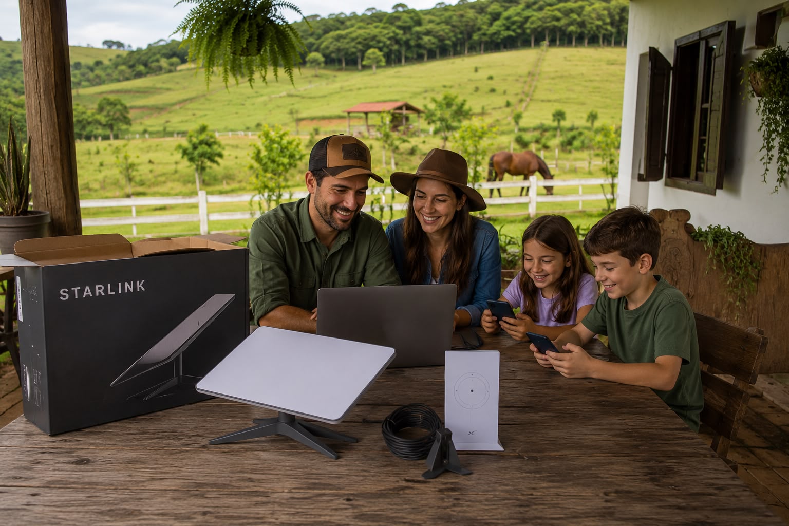 Kit Starlink instalado, antena voltada para o céu