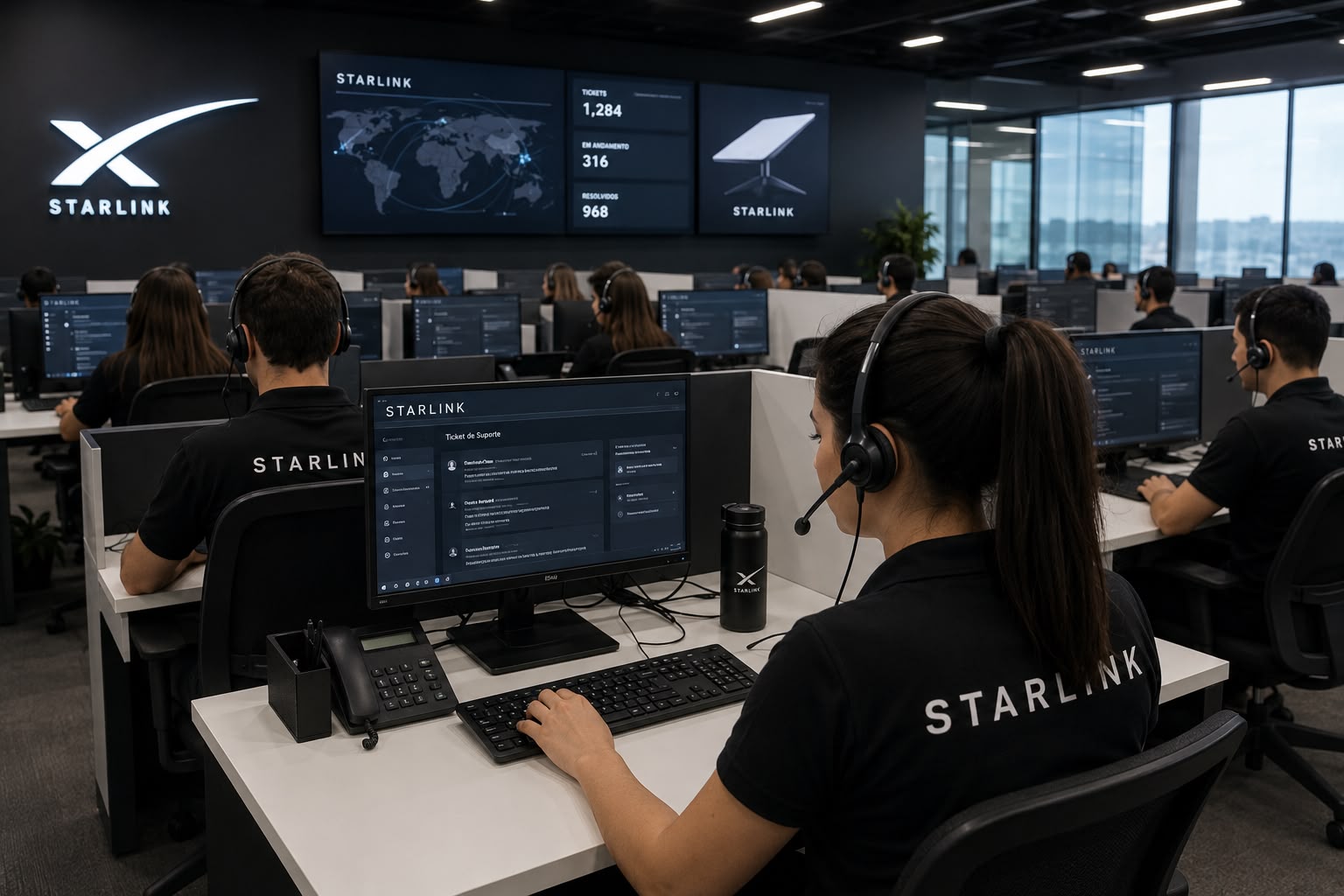 Antena de internet via satélite em uso