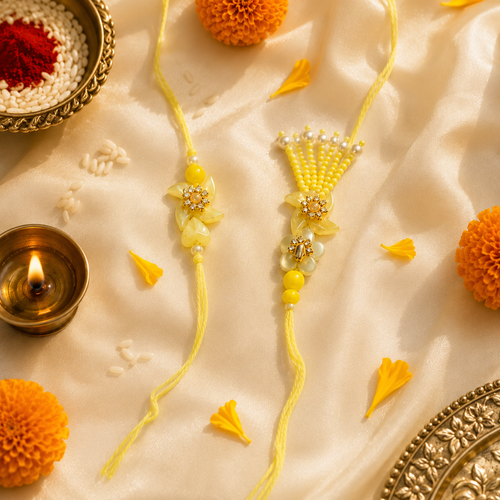 Premium Yellow Floral Bhai Bhabhi Rakhi Set