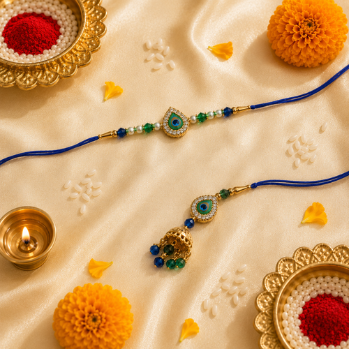 Premium Peacock Feather Bhai Bhabhi Rakhi Set