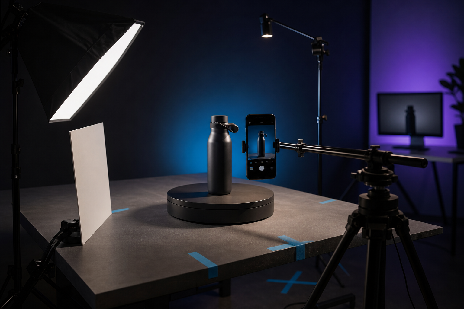 3D capture setup with lighting, phone rig, and turntable