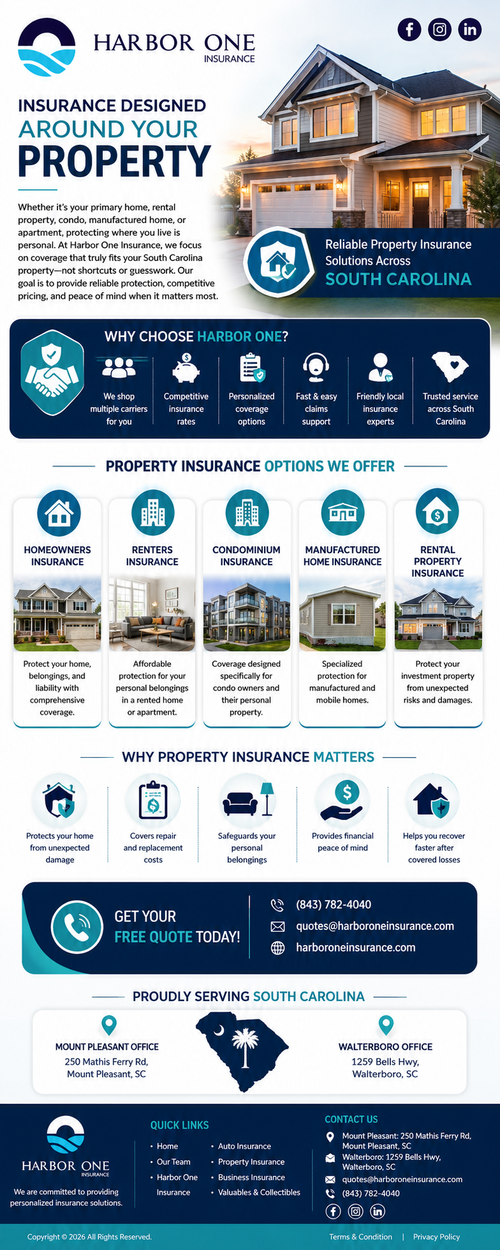 Protect your home, condo, rental, or manufactured property with Harbor One Insurance. Explore personalized property insurance solutions, competitive rates, and trusted local service across South Carolina. Get a free quote today. Visit the our website: www.harboroneinsurance.com