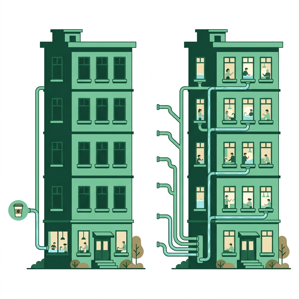 Infographic comparing a building with water only on the ground floor versus a building with water on every floor