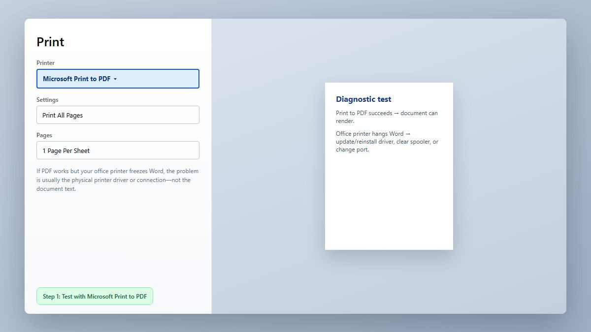 Word Print screen with Microsoft Print to PDF selected as a diagnostic test