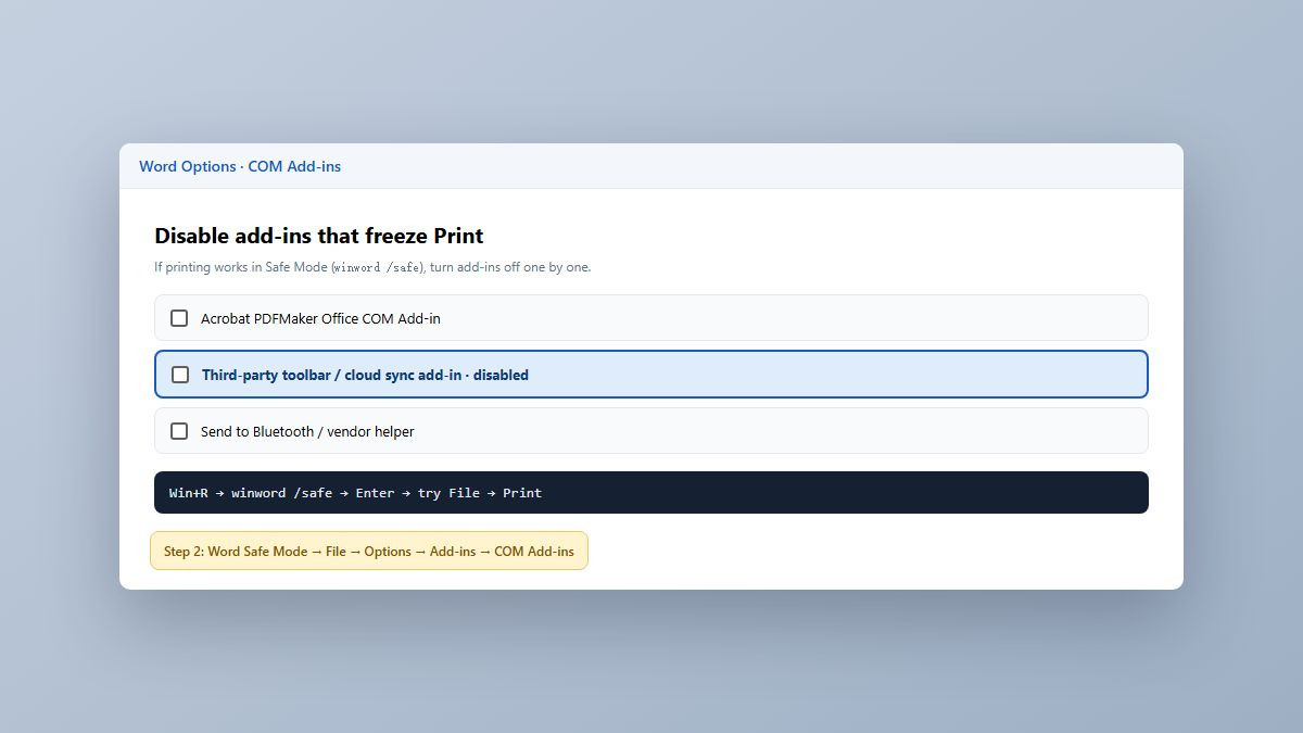 Word COM Add-ins list for disabling add-ins that freeze printing