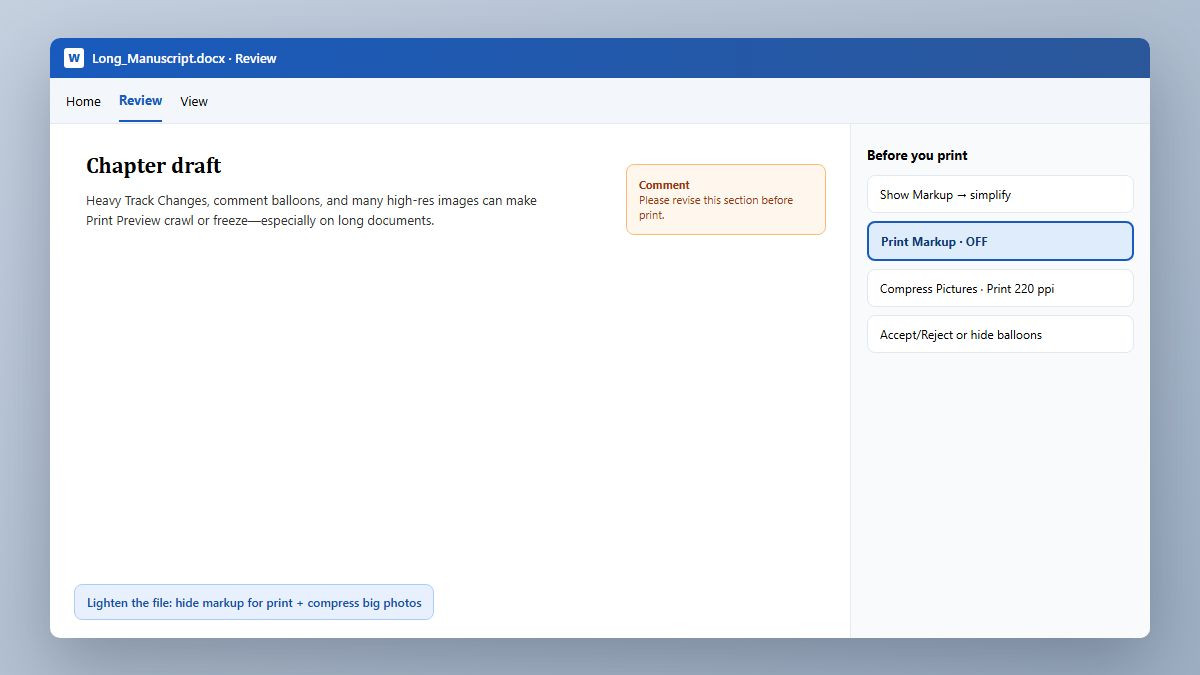 Word Review tab tips to hide markup and compress pictures before printing