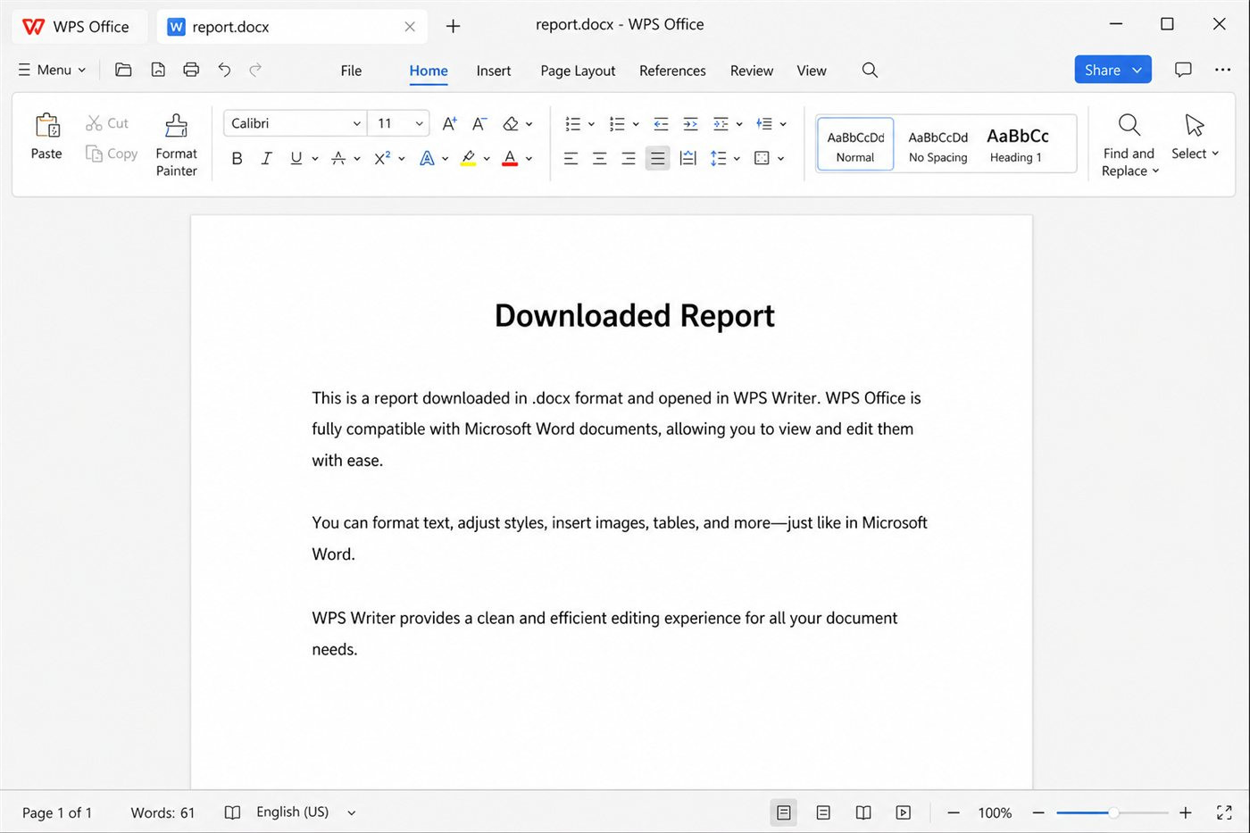 WPS Writer opening a .docx as a stable alternative when Word freezes on print