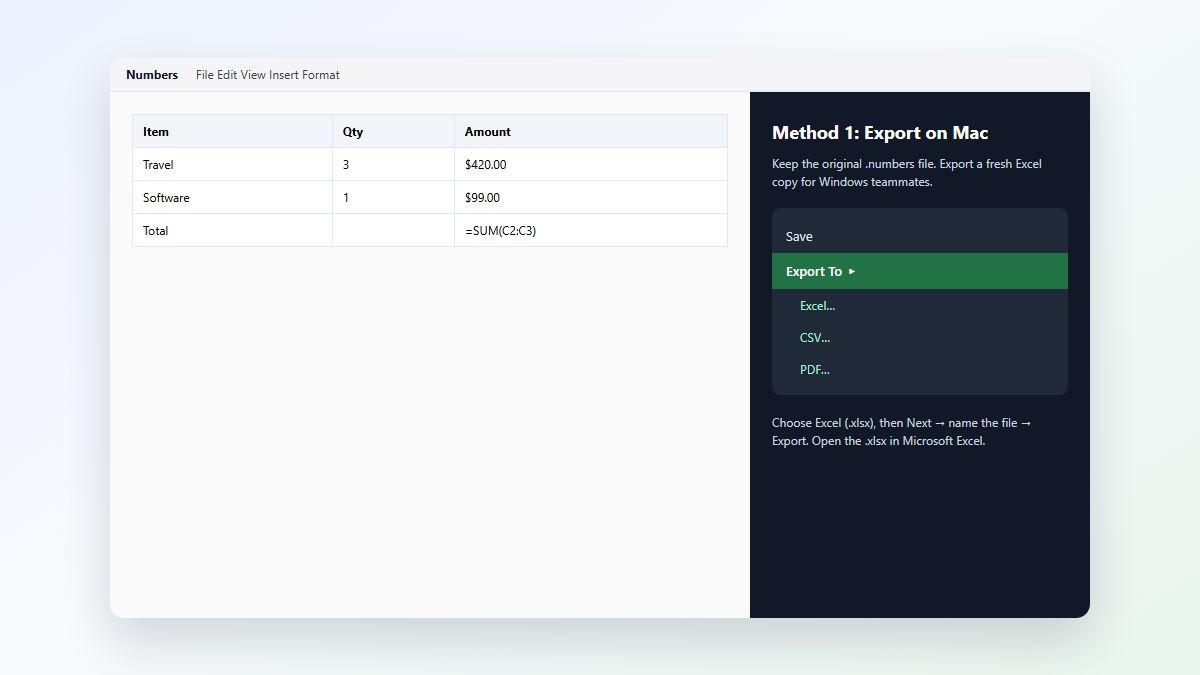 Apple Numbers File Export To Excel menu on Mac