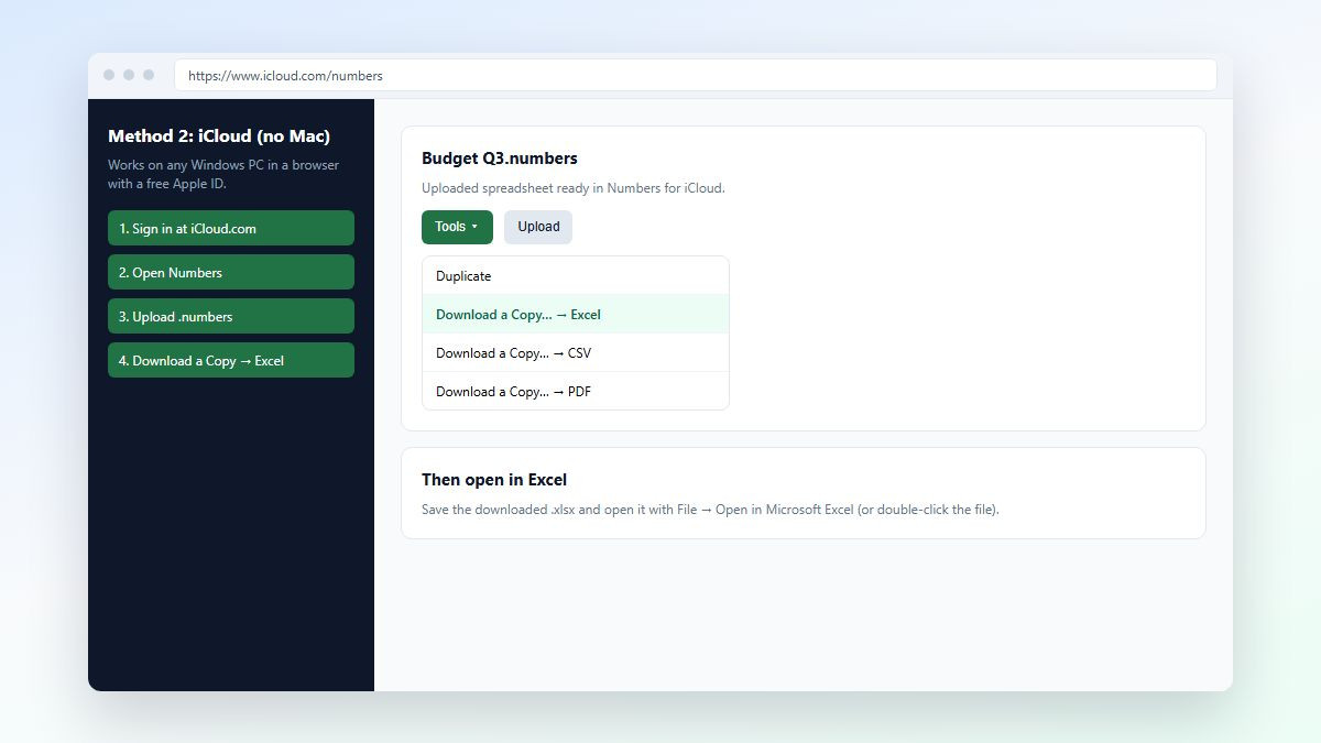 iCloud Numbers Download a Copy as Excel on Windows browser