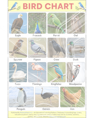 The Bird Chart helps children identify common birds using colorful pictures and easy names. Birds are fascinating animals that can fly, sing, build nests, and live in forests, gardens, lakes, mountains, and cities.

Visit: https://ibb.co/whvm6cw3