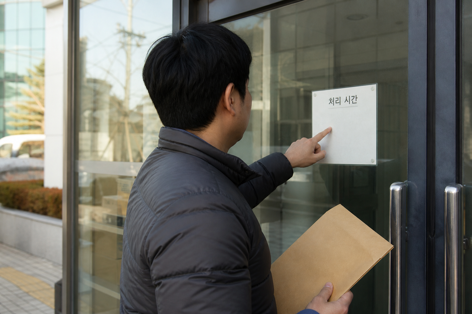 대체공휴일에 닫힌 주민센터와 방문 민원 서류를 확인하는 장면