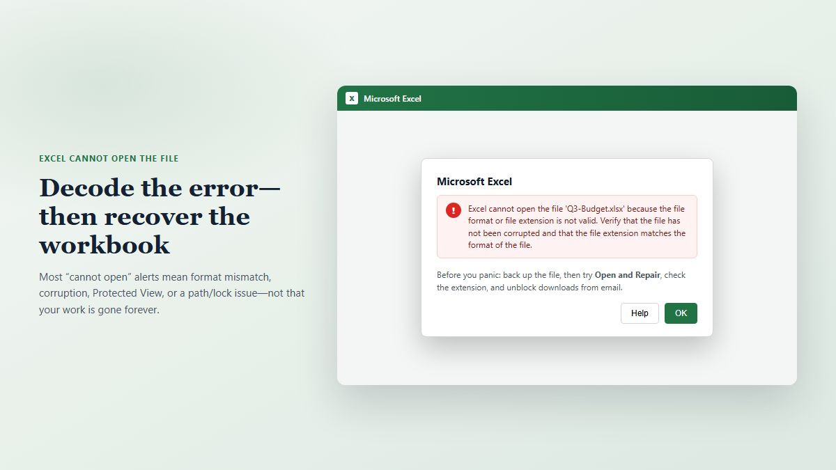 Microsoft Excel error dialog saying it cannot open the file because the format or extension is not valid