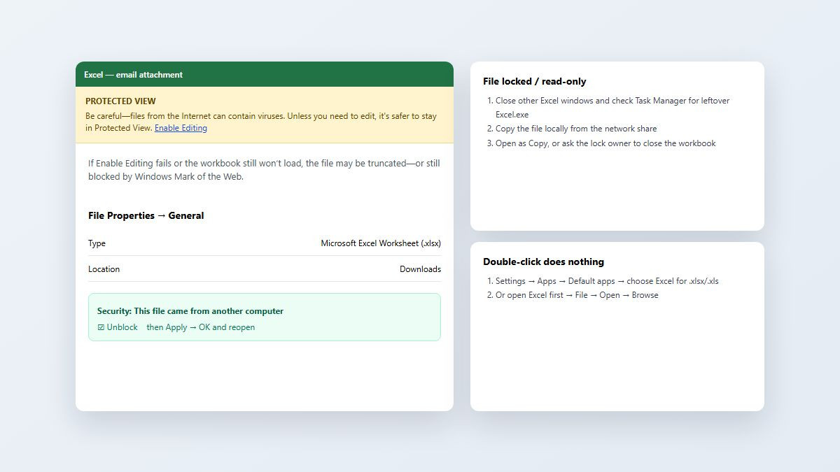 Excel Protected View banner and Windows Unblock checkbox for downloaded workbooks