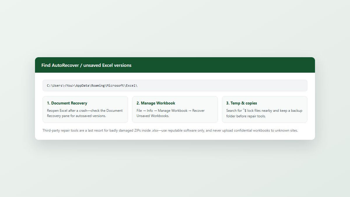 Excel AutoRecover and Recover Unsaved Workbooks paths for lost files