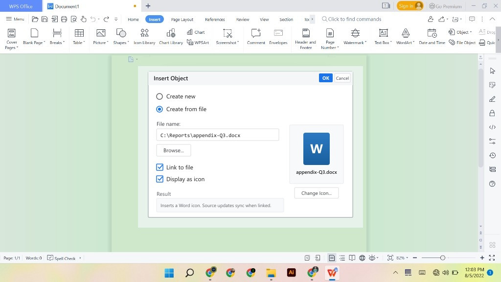 WPS Writer Insert Object dialog Create from file with appendix-Q3.docx Display as icon and Link to file