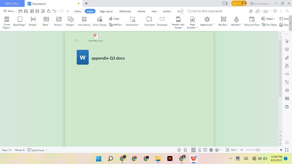WPS Writer page showing appendix-Q3.docx embedded as a Word icon object