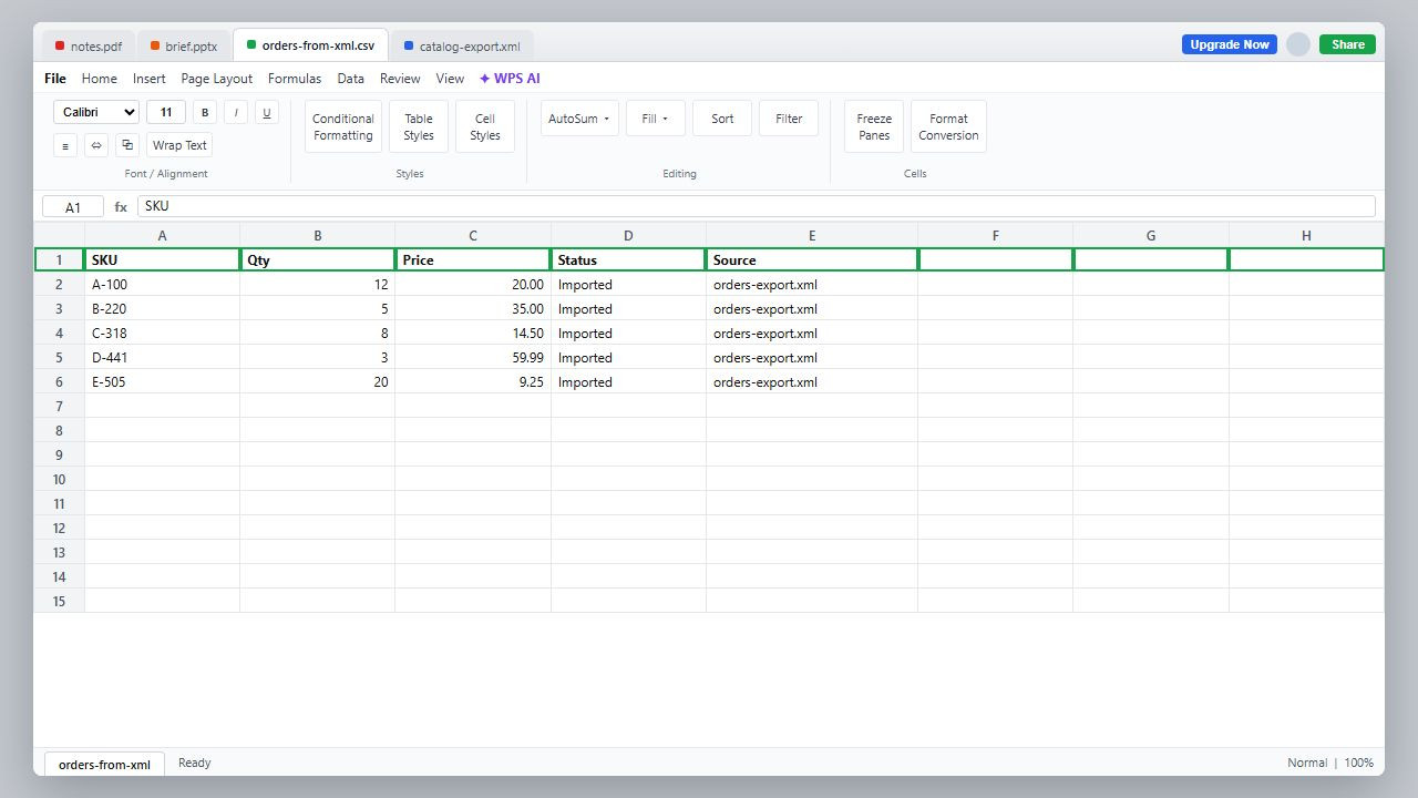 WPS Spreadsheets showing orders-from-xml.csv with SKU Qty Price Status imported from XML