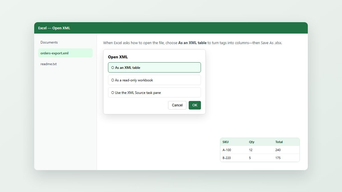 Microsoft Excel Open XML dialog with As an XML table selected turning tags into columns