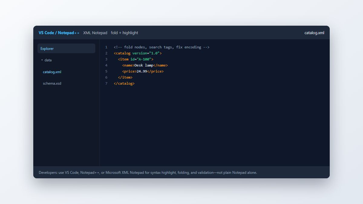 VS Code style editor with XML syntax highlighting folding and explorer pane