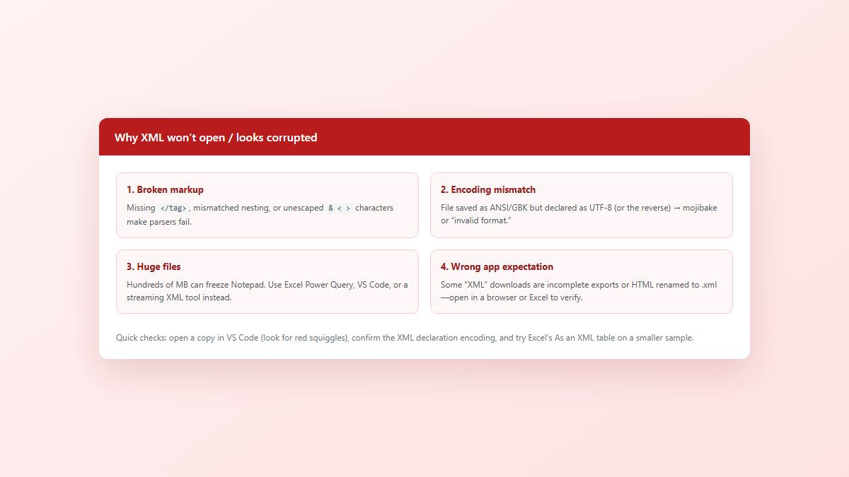 Checklist of XML open failures: broken markup encoding mismatch huge files wrong app