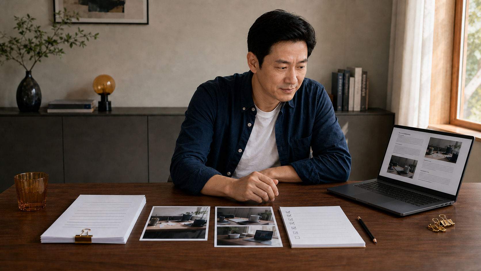 같은 작업 공간에서 원고와 사진을 정리하고 최종 글 화면과 완료된 확인 목록을 보는 운영자