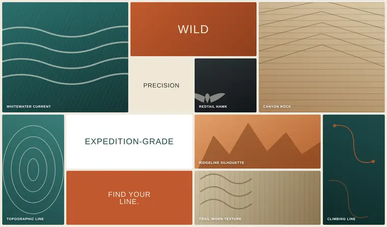 Redtail Outfitters moodboard of whitewater current, canyon rock, ridgelines, and hawk motifs