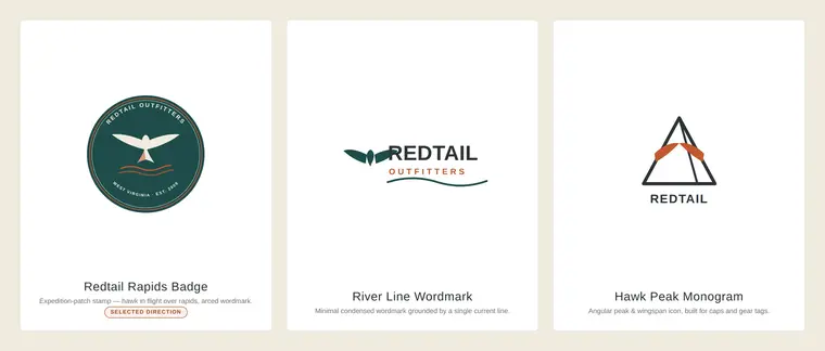 Three initial logo directions for Redtail Outfitters: Redtail Rapids Badge, River Line Wordmark, and Hawk Peak Monogram