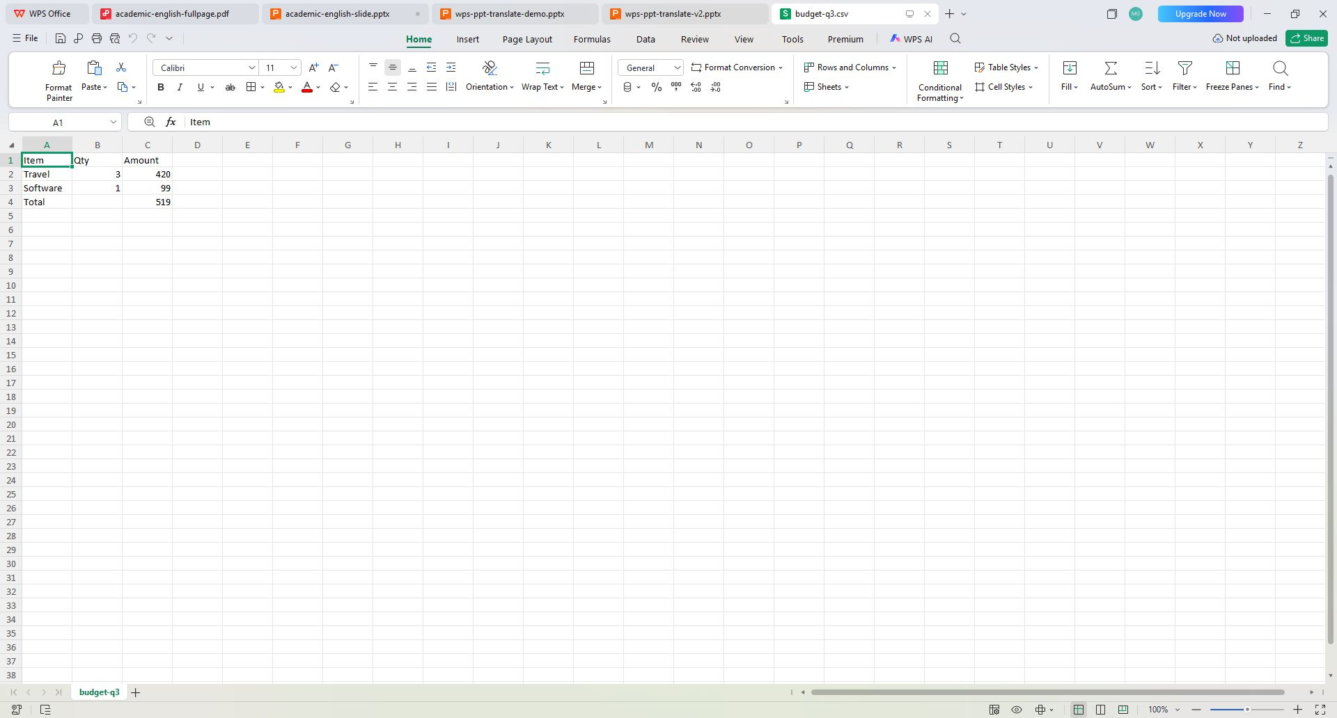 WPS Spreadsheets opening a spreadsheet workbook in the real desktop app