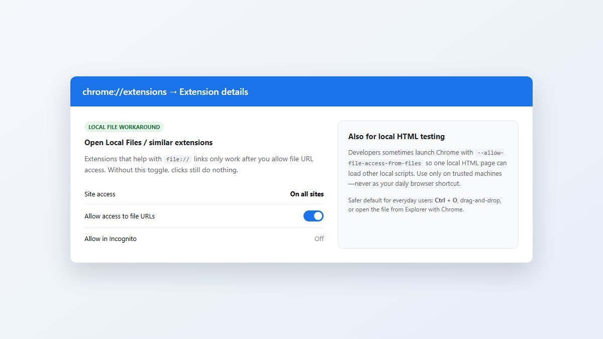Chrome extension details with Allow access to file URLs enabled