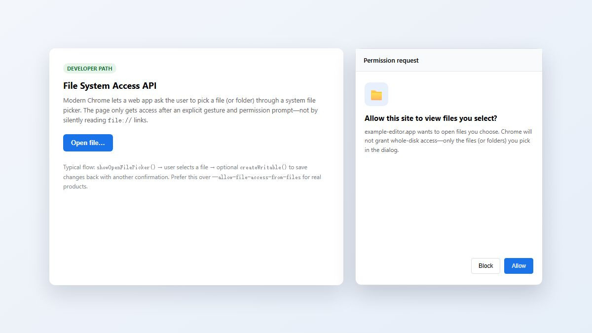 Chrome File System Access API permission prompt for opening a user-selected file