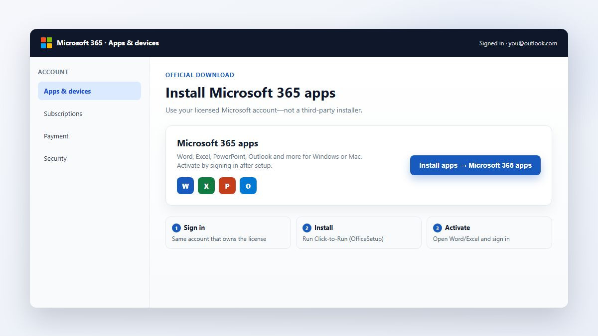 Microsoft 365 Apps and devices page with Install apps for desktop Word Excel Outlook