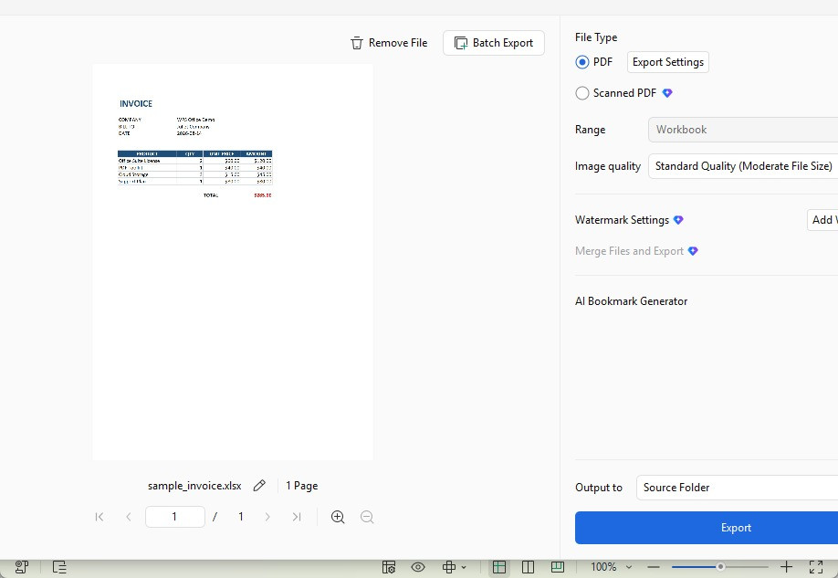 Real WPS Export to PDF screen with invoice preview and Export button