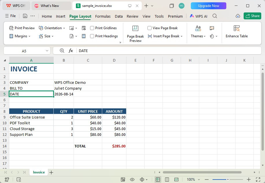 Real WPS Spreadsheets Page Layout tab screenshot