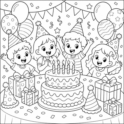 Birthday Party Celebration Coloring Page With Cake.jpg