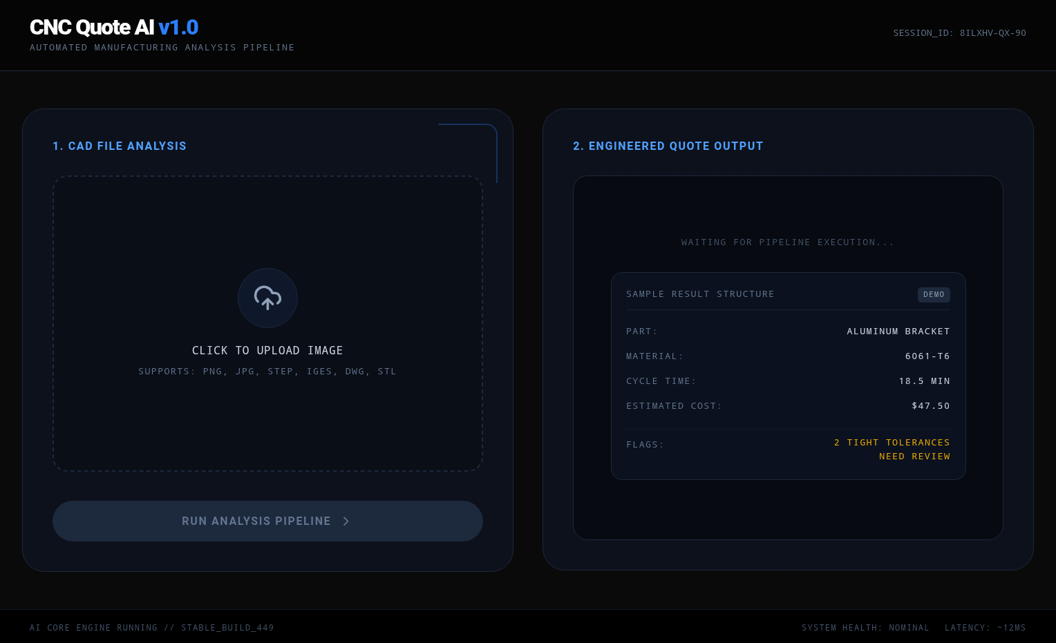 CNC Quote AI, AI-powered CNC quotation assistant interface