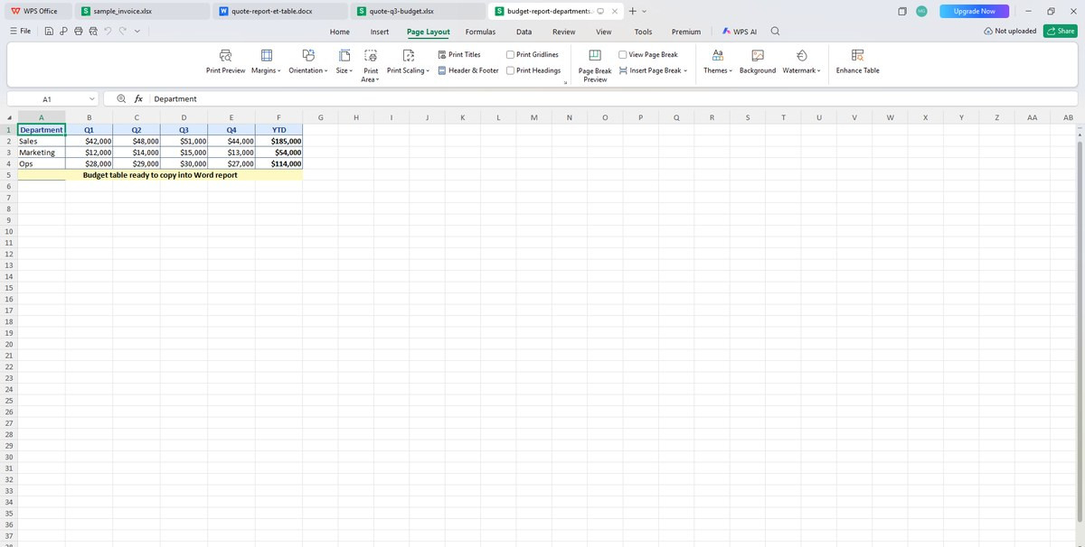 Бюджетна таблиця WPS Spreadsheets з об'єднаними клітинками та кольоровими заголовками