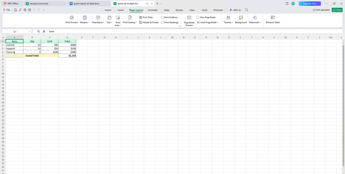 Виділіть клітинки таблиці з комерційною пропозицією у WPS Spreadsheets перед копіюванням