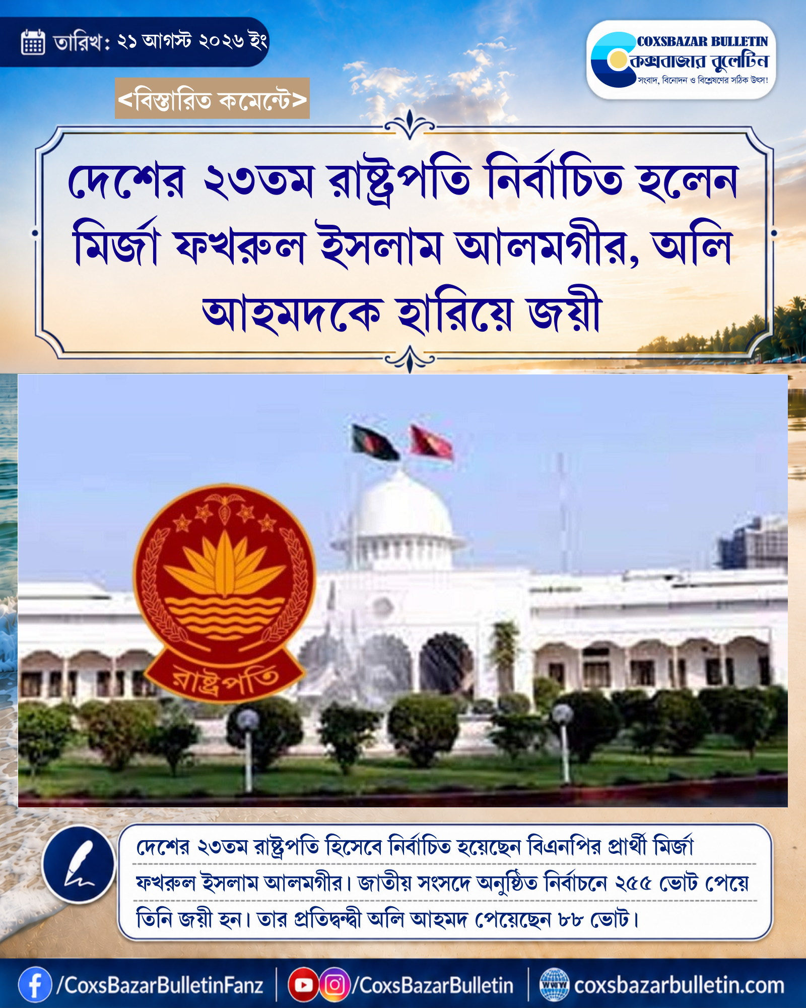 দেশের ২৩তম রাষ্ট্রপতি নির্বাচিত হলেন মির্জা ফখরুল ইসলাম আলমগীর, অলি আহমদকে হারিয়ে জয়ী