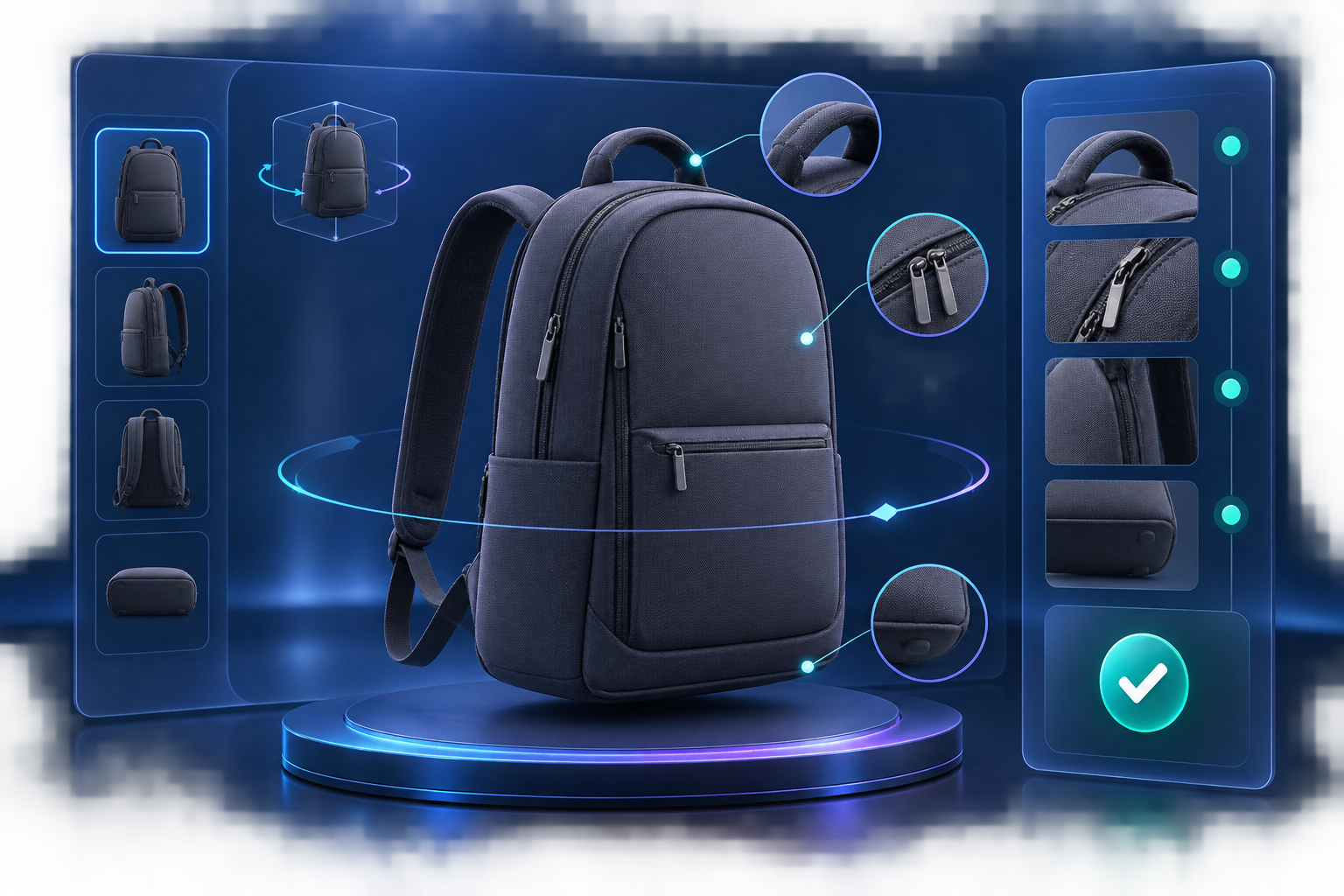Quality-checking a rotatable 3D backpack model