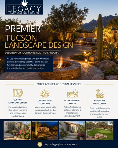 Legacy Landscaping and Design transforms outdoor areas with custom landscaping solutions created for Arizona living. Our tucson landscape design services combine creative planning, practical features, desert-friendly landscaping, and professional installation to create outdoor spaces that reflect your style. Whether you want an inviting patio, a relaxing fire feature, attractive plantings, or a complete landscape transformation, we can help bring your vision together. Get in touch with Legacy Landscaping and Design today to discuss your landscaping project.
