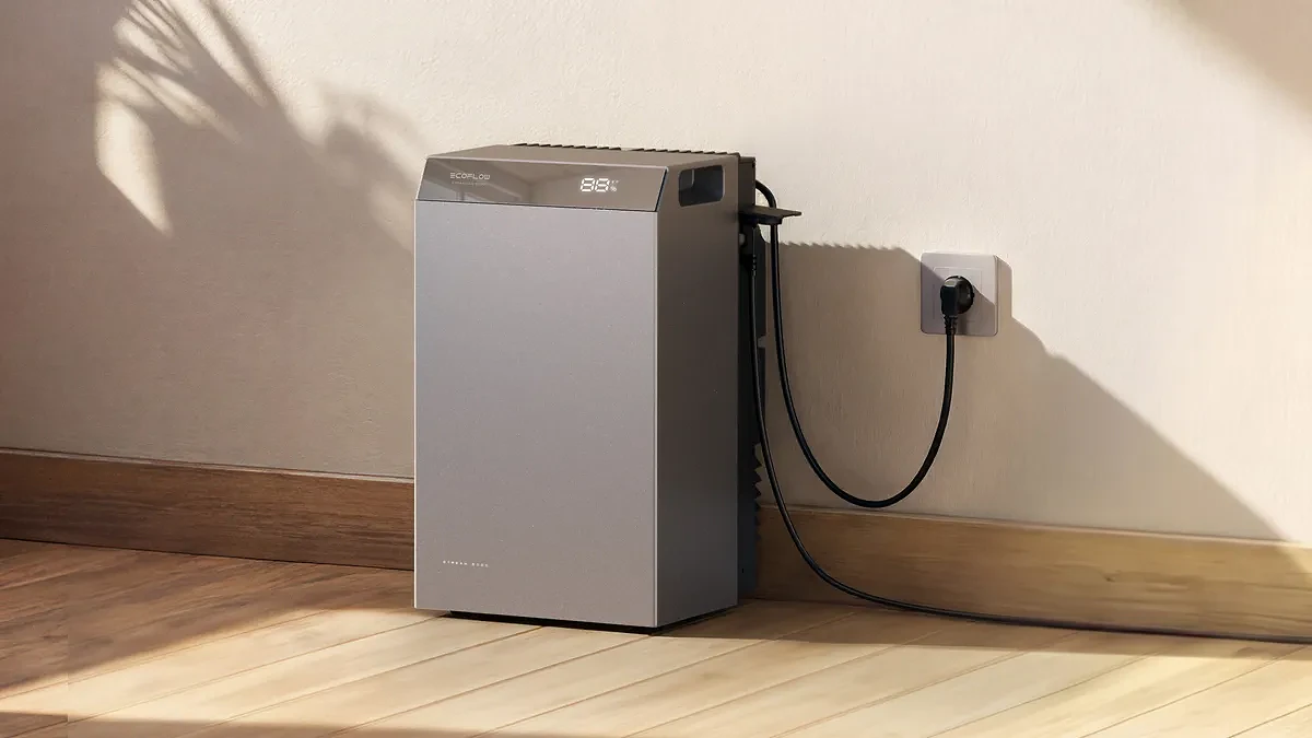 An EcoFlow plug-in battery in an attic plugged into the wall