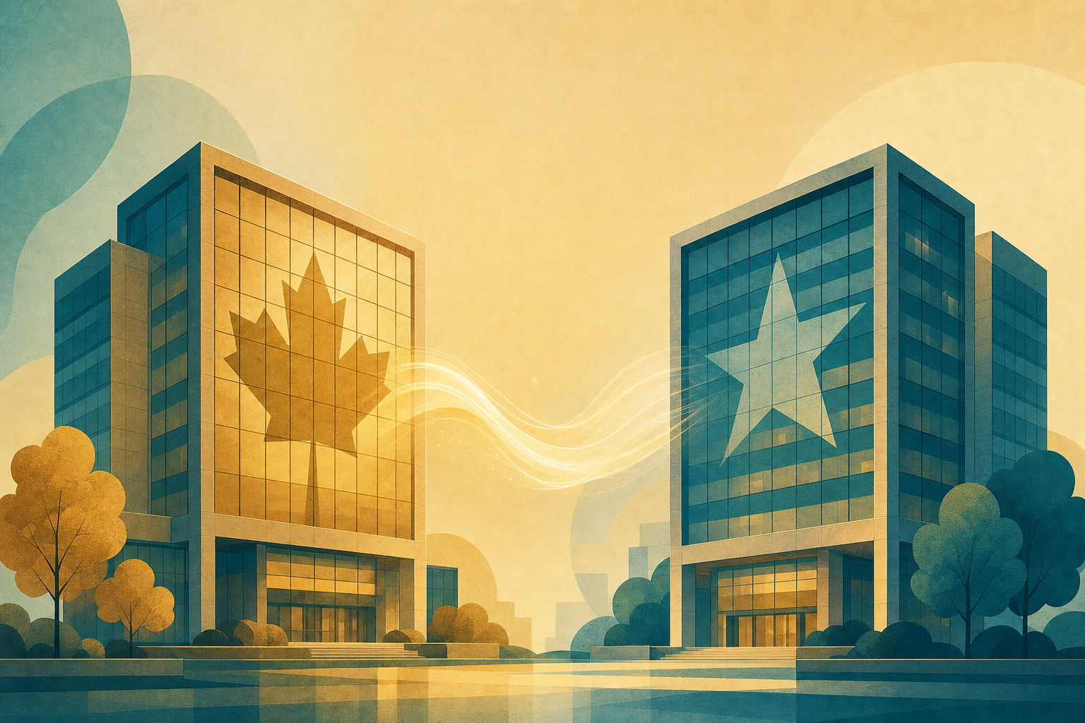 Two office buildings representing Canadian and US corporate matching gift programs connected by a ribbon of light