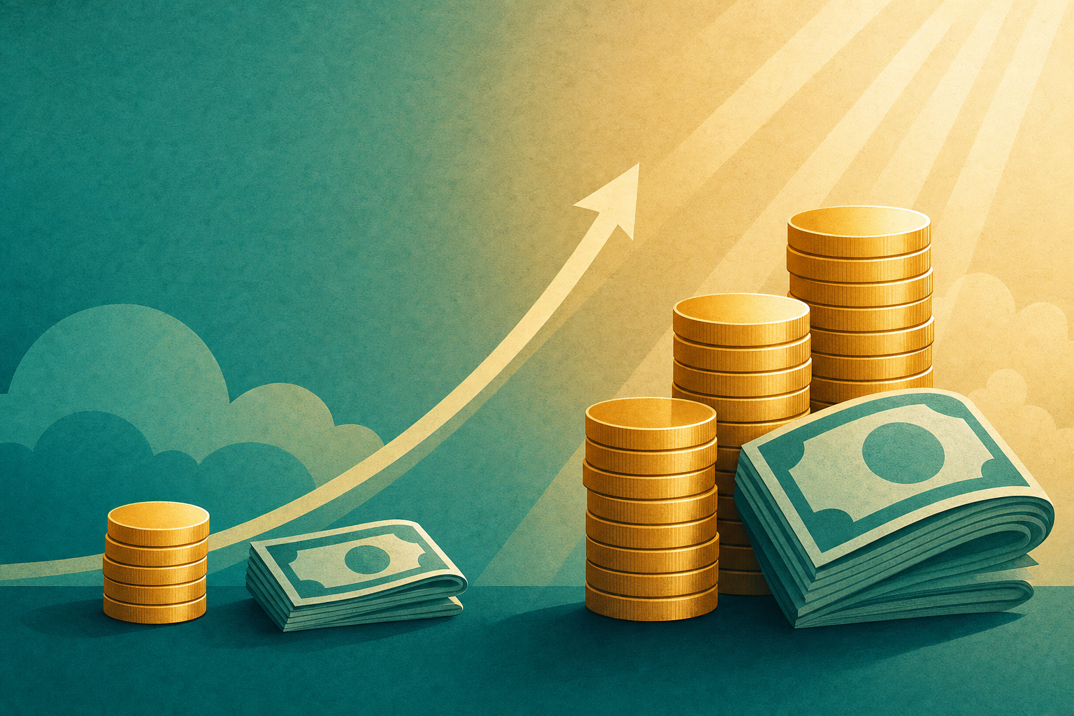 Stacks of coins and folded bills growing upward representing untapped matching gift revenue
